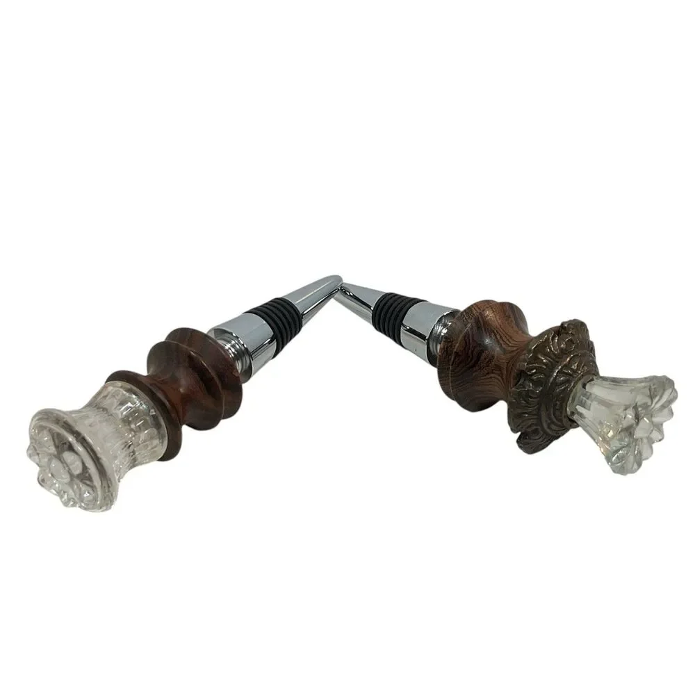 Two Wine Bottle Stoppers Handcrafted Made in USA Wood Glass Lathe